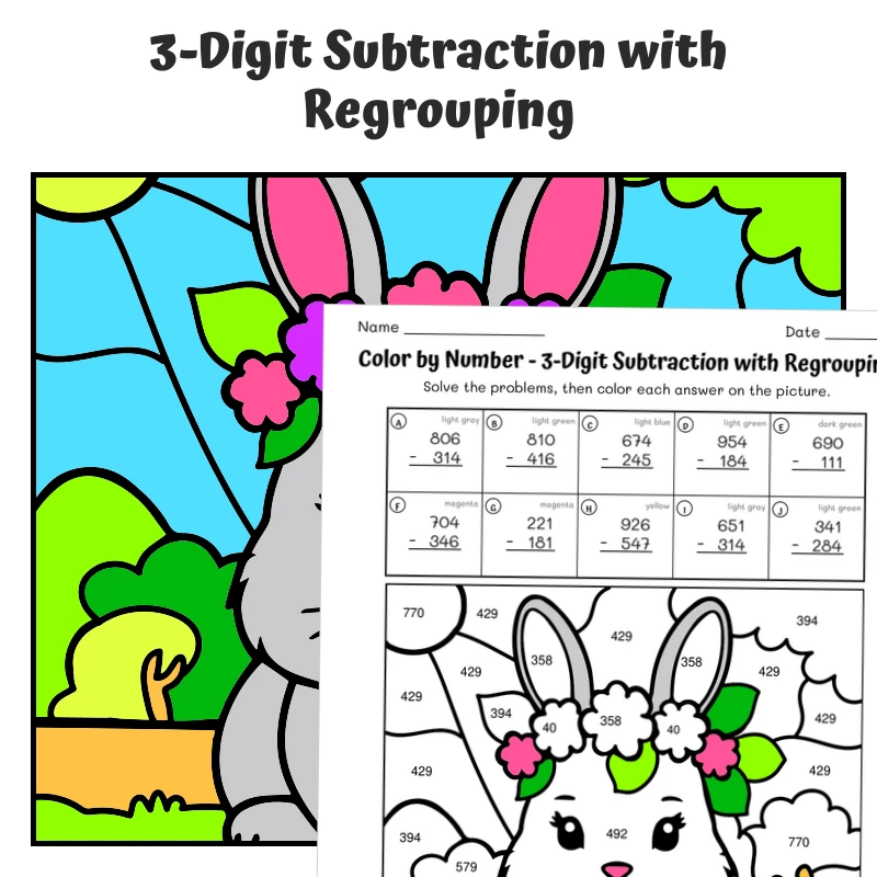 3-Digit Subtraction (regrouping) Color by Number — Bunny with a Flower Crown — math worksheet for Grade 2, Grade 3, page 1 of 1