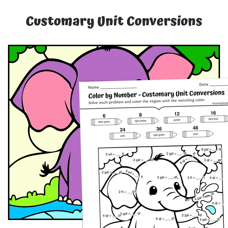 Customary Conversions Color by Number — Elephant Spraying Water Playfully — math worksheet for Grade 4, Grade 5, page 1 of 1