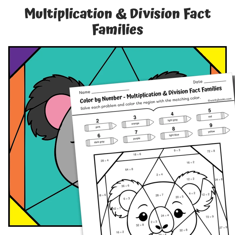 Mult/Div Fact Families Color by Number — Animal face - Koala — math worksheet for Grade 3, page 1 of 1