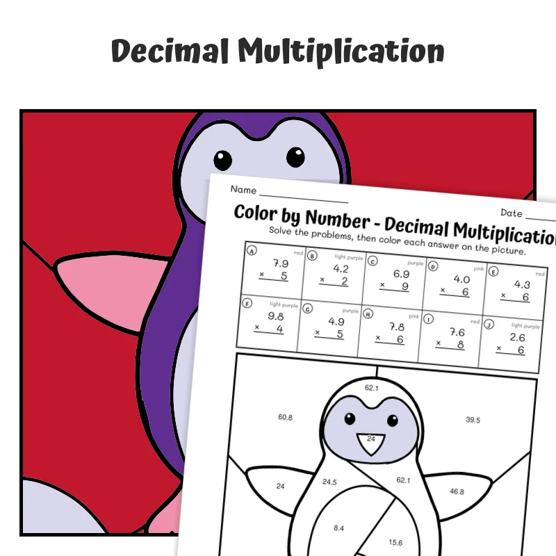 Decimal Multiplication Color by Number — Zoo Animal Penguin - 2 — math worksheet for Grade 5, page 1 of 1