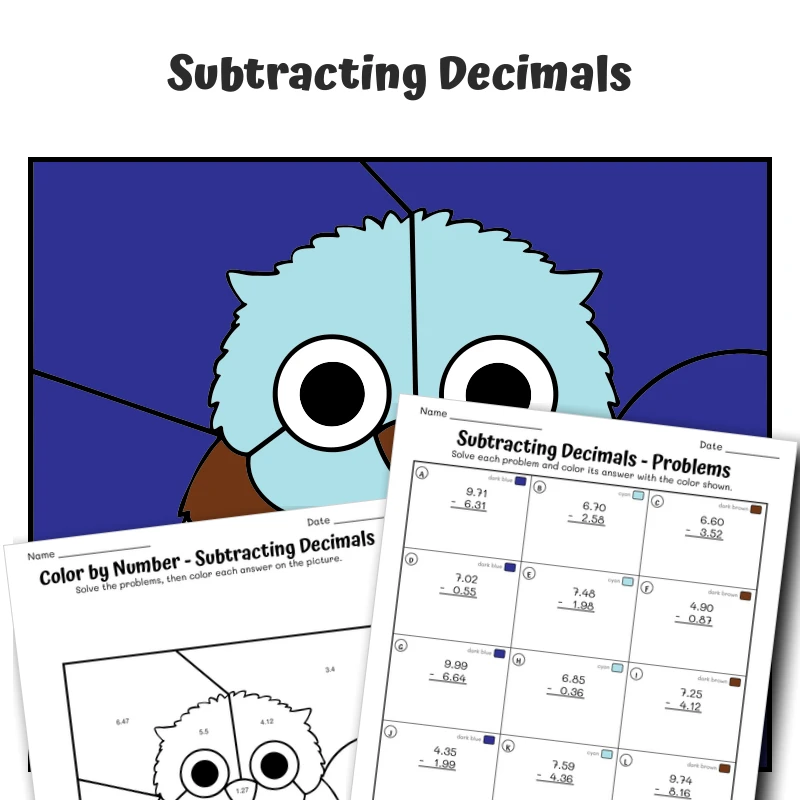 Subtract Decimals Color by Number — Snowy Owl — math worksheet for Grade 5, page 1 of 1
