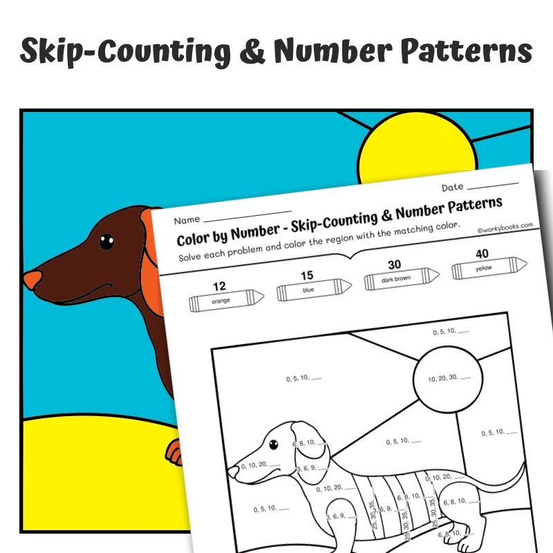 Number Patterns Color by Number — Dachshund in Yarn — math worksheet for Grade 2, Grade 3, Grade 4, page 1 of 1