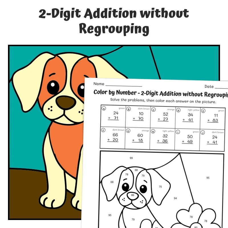 2-Digit Addition (no regrouping) Color by Number — Curious Beagle with Flower — math worksheet for Grade 1, Grade 2, page 1 of 1