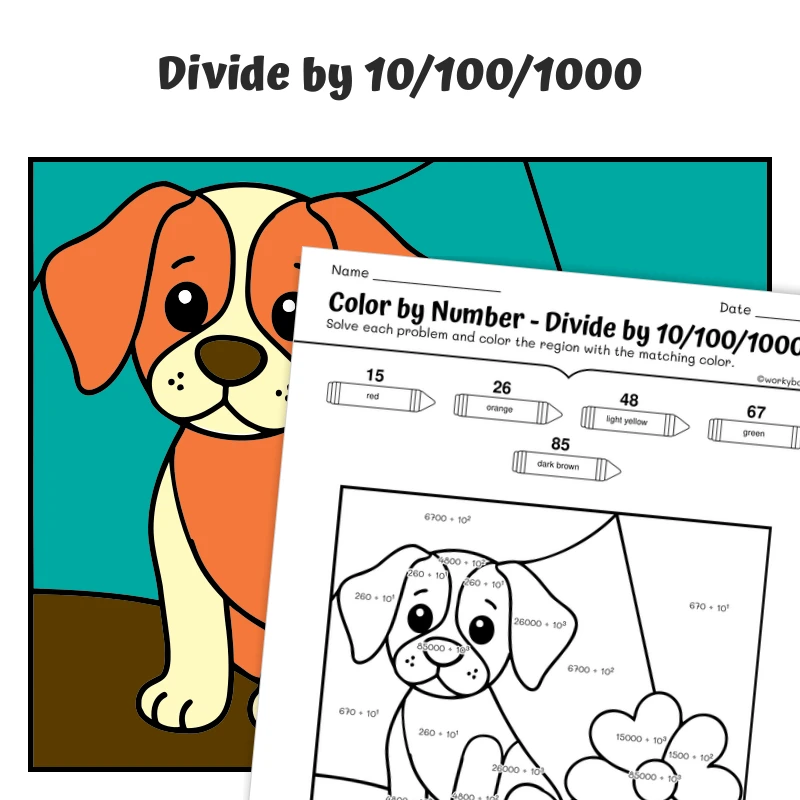 Divide by 10, 100, 1000 Color by Number — Curious Beagle Dog — math worksheet for Grade 4, Grade 5, page 1 of 1