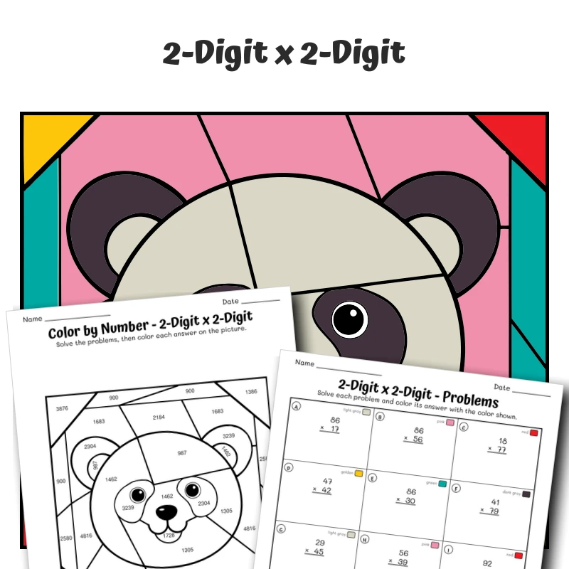2-Digit x 2-Digit Color by Number — Animal face - Panda — math worksheet for Grade 4, Grade 5, page 1 of 1