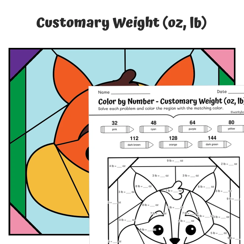 Customary Weight Color by Number — Animal face - Squirrel — math worksheet for Grade 4, Grade 5, page 1 of 1