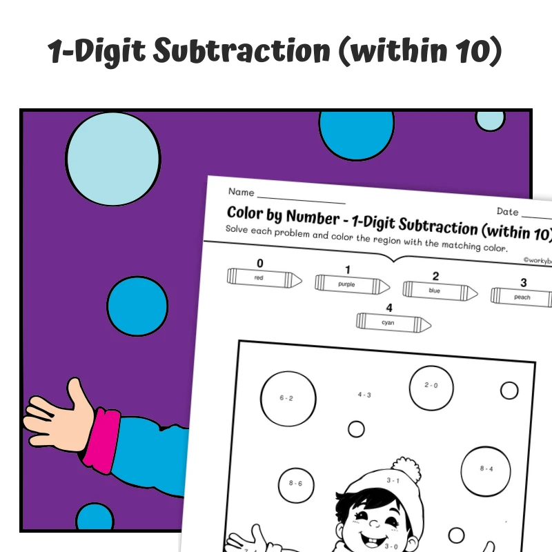 Subtraction within 10 Color by Number — CBN.WINTER.10-5 — math worksheet for Grade K, Grade 1, page 1 of 1