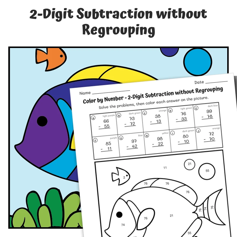 2-Digit Subtraction (no regrouping) Color by Number — fish 13 — math worksheet for Grade 1, Grade 2, page 1 of 1