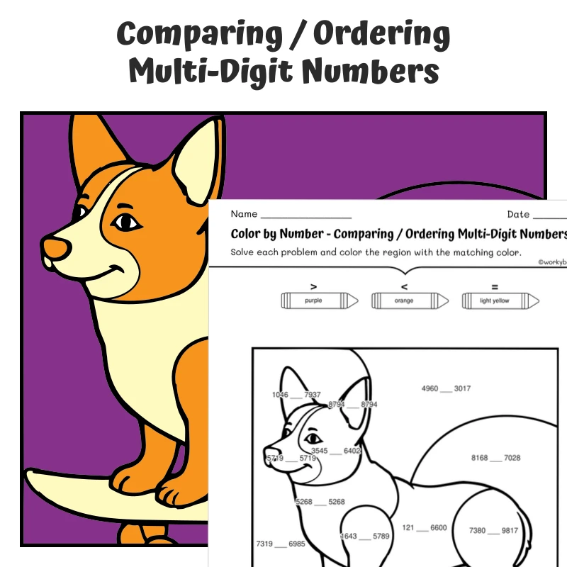 Order Numbers Color by Number — Corgi on Skateboard — math worksheet for Grade 2, Grade 3, Grade 4, page 1 of 1
