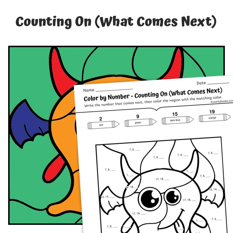 Counting On Color by Number — Monster with a Balloon — math worksheet for Grade K, Grade 1, page 1 of 1