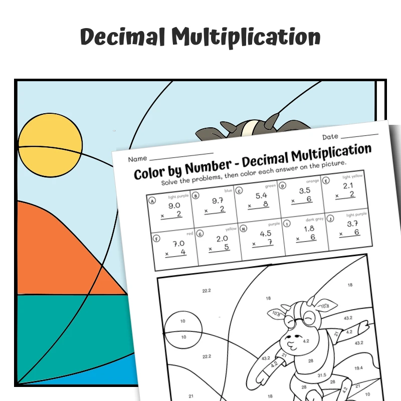 Decimal Multiplication Color by Number — Cow surboading in Beach — math worksheet for Grade 5, page 1 of 1