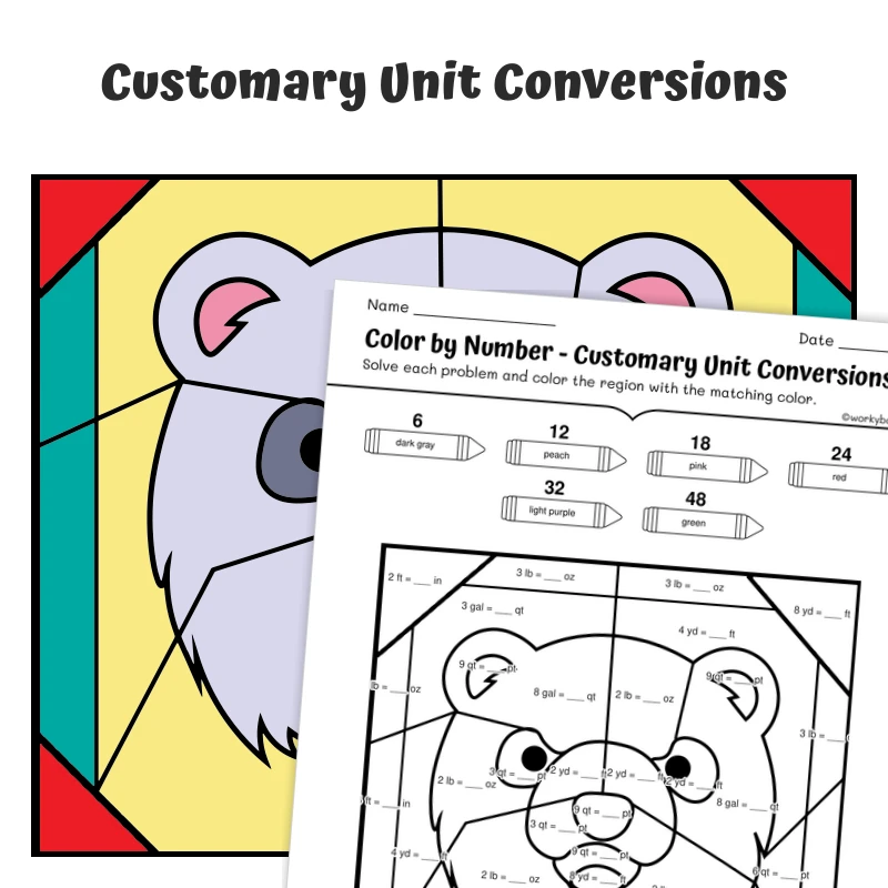 Customary Conversions Color by Number — Animal face - Polar Bear — math worksheet for Grade 4, Grade 5, page 1 of 1