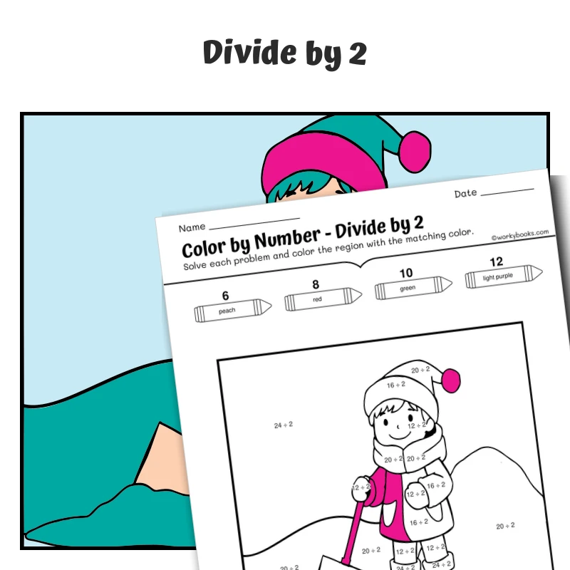 div by 2 Color by Number — Shoveling Snow — math worksheet for Grade 3, page 1 of 1