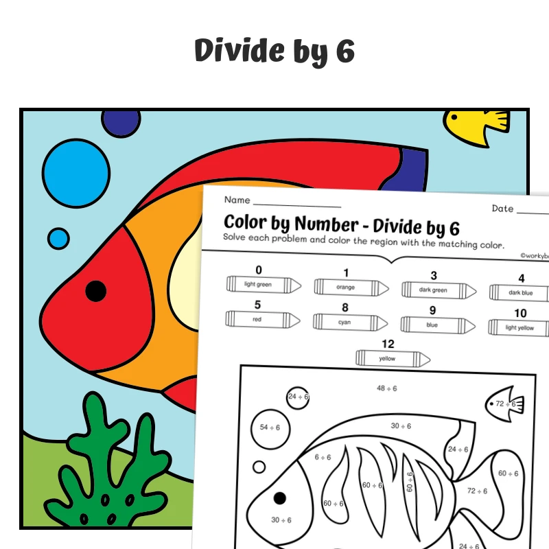 div by 6 Color by Number — fish 14 — math worksheet for Grade 3, page 1 of 1