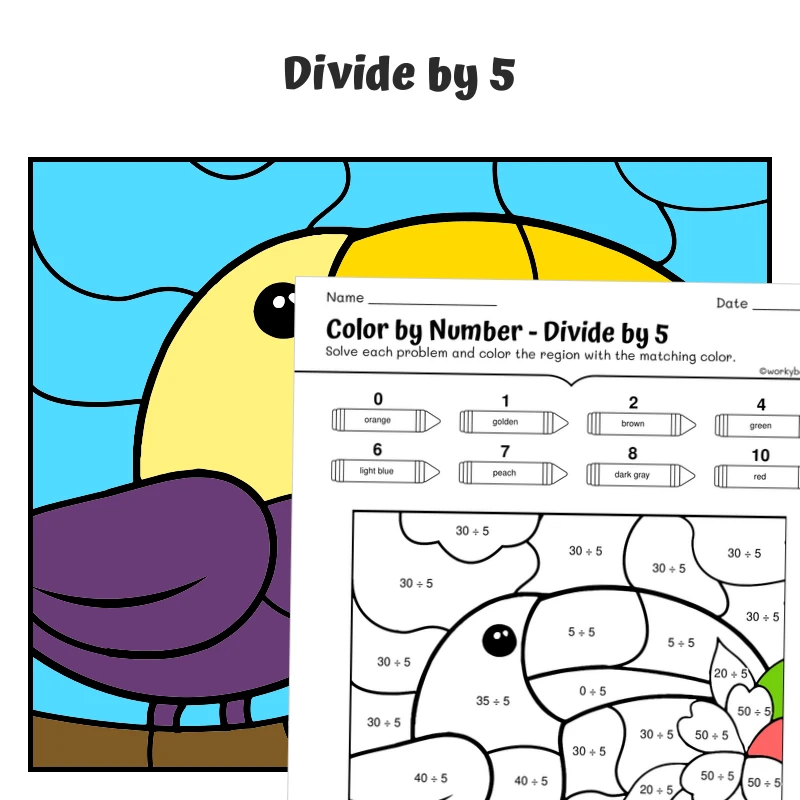 div by 5 Color by Number — Hippo with heart-shaped ears — math worksheet for Grade 3, page 1 of 1