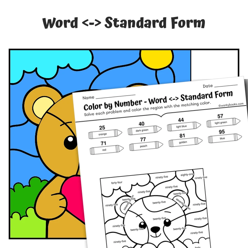 Word Form Color by Number — Bear Cub holding heart — math worksheet for Grade 2, Grade 3, Grade 4, page 1 of 1