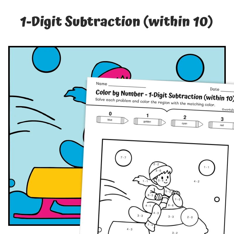 Subtraction within 10 Color by Number — CBN.WINTER.20-4 — math worksheet for Grade K, Grade 1, page 1 of 1