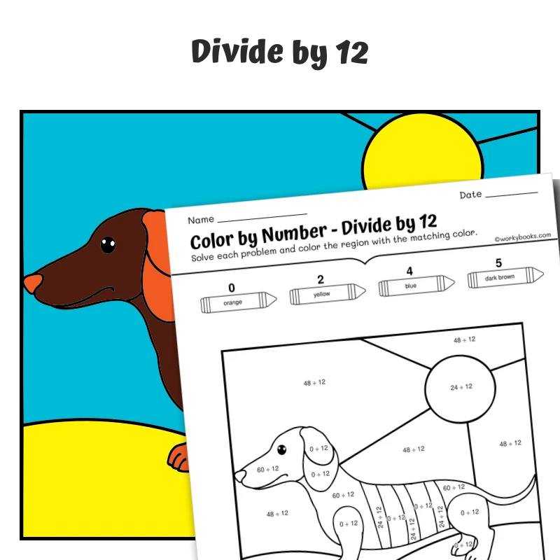 div by 12 Color by Number — Dachshund in Yarn — math worksheet for Grade 3, Grade 4, page 1 of 1