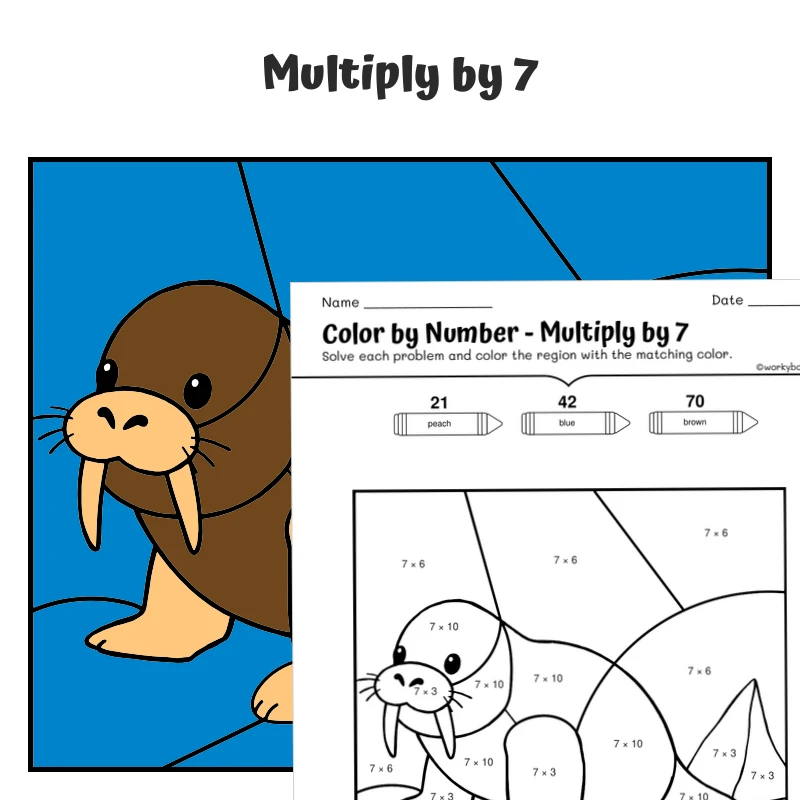 × 7 Color by Number — Artic Animal Walrus — math worksheet for Grade 3, page 1 of 1