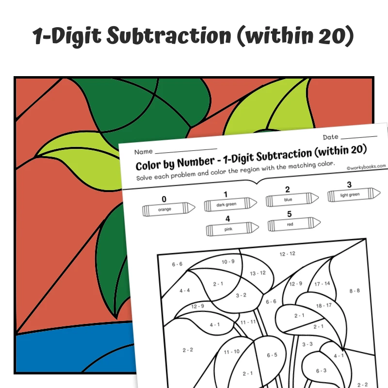 Subtraction within 20 Color by Number — plant 10 — math worksheet for Grade 1, Grade 2, page 1 of 1