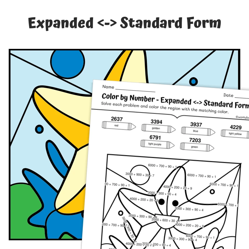 Expanded Form Color by Number — Yellow and Beige Starfish — math worksheet for Grade 2, Grade 3, Grade 4, Grade 5, page 1 of 1