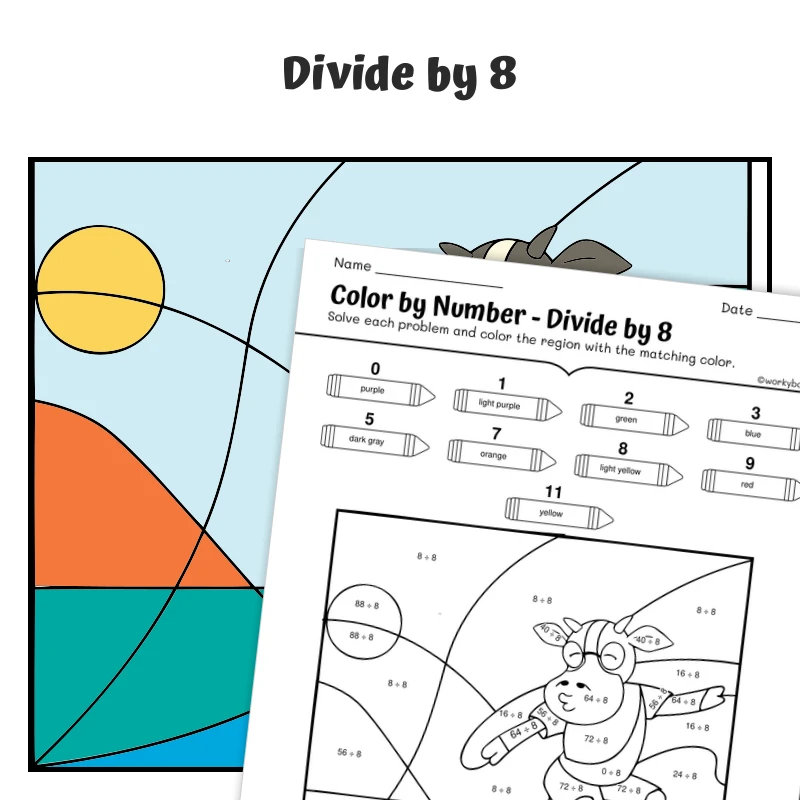 div by 8 Color by Number — Cow surboading in Beach — math worksheet for Grade 3, page 1 of 1