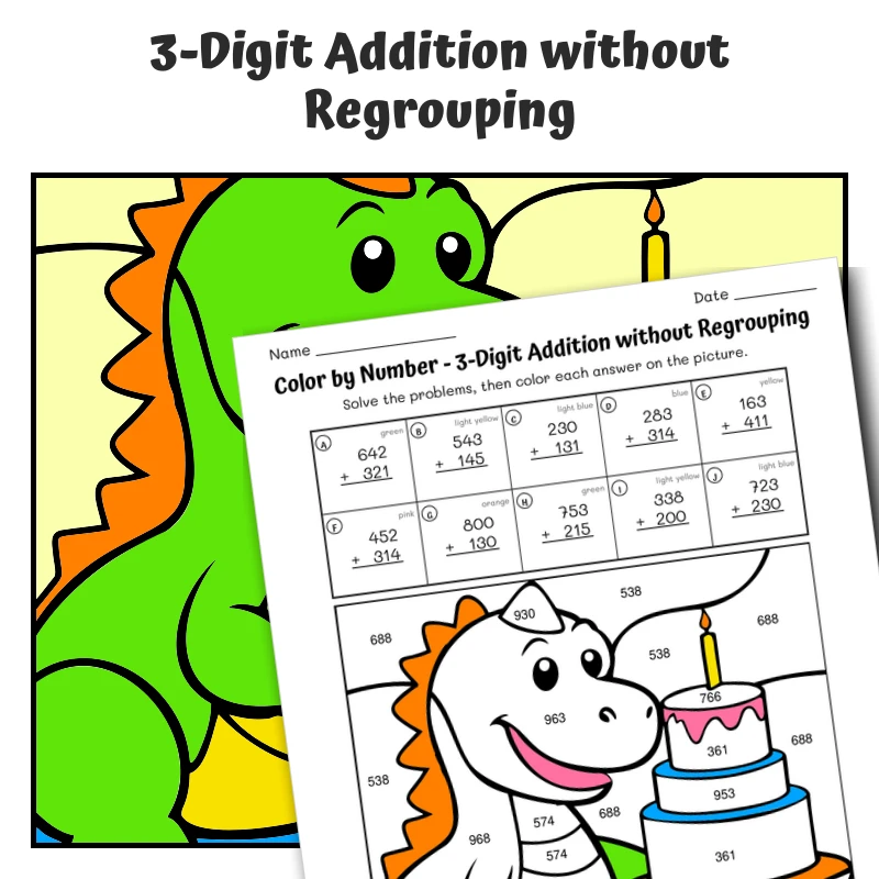3-Digit Addition (no regrouping) Color by Number — Dino's Delightful Cake Baking Adventure — math worksheet for Grade 2, Grade 3, page 1 of 1