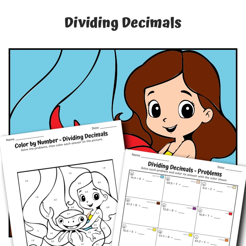 Divide Decimals Color by Number — Mermaid with a crab — math worksheet for Grade 5, page 1 of 1