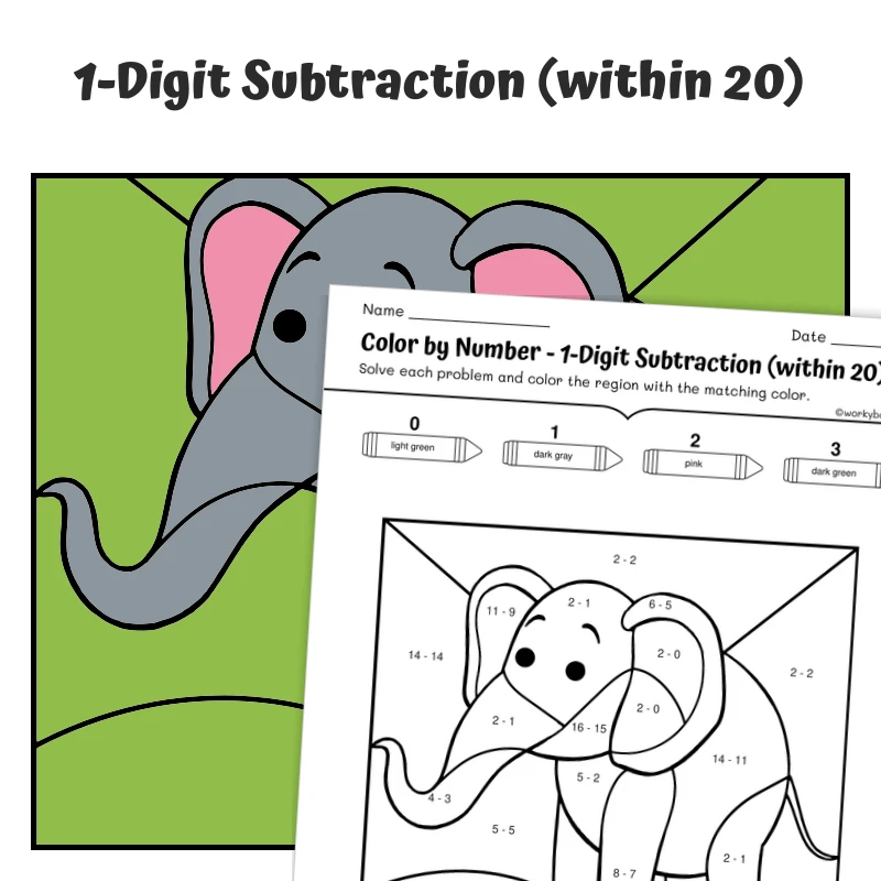 Subtraction within 20 Color by Number — Zoo Animal Elephant - 2 — math worksheet for Grade 1, Grade 2, page 1 of 1