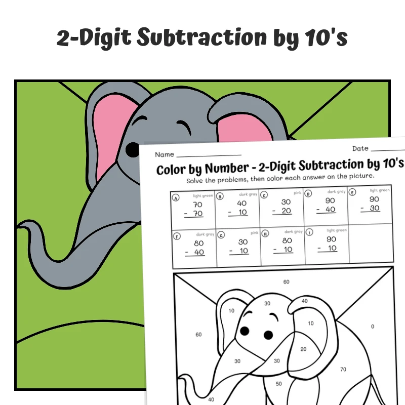 Subtract Tens Color by Number — Zoo Animal Elephant - 2 — math worksheet for Grade 1, Grade 2, page 1 of 1