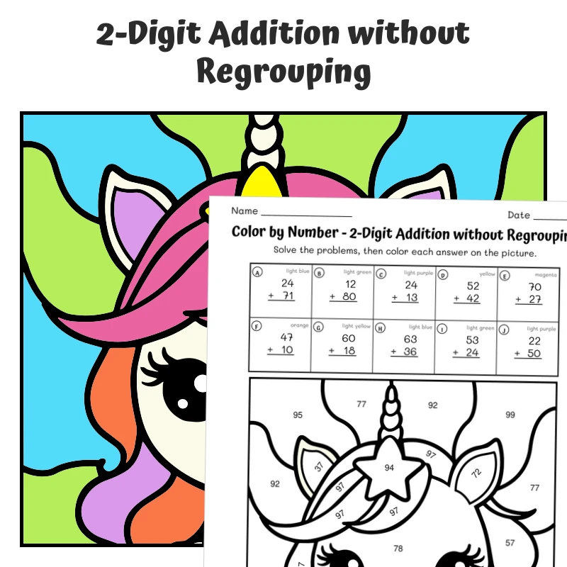 2-Digit Addition (no regrouping) Color by Number — unicorn with star on its forehead — math worksheet for Grade 1, Grade 2, page 1 of 1