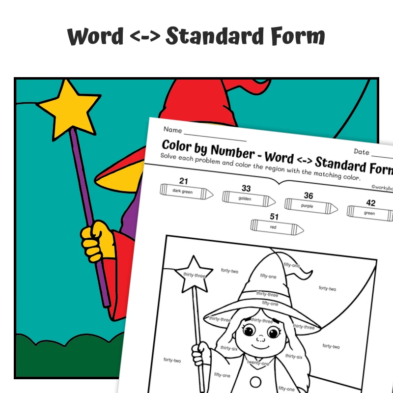 Word Form Color by Number — Witch with a Magic Wand — math worksheet for Grade 2, Grade 3, Grade 4, page 1 of 1