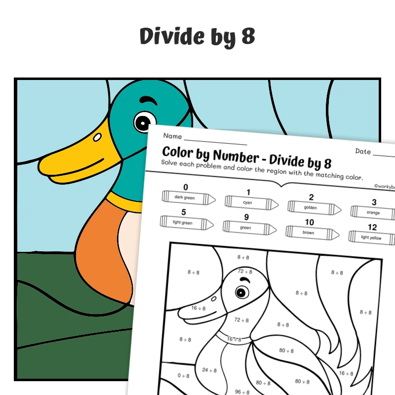 div by 8 Color by Number — Farm Animal Goose — math worksheet for Grade 3, page 1 of 1