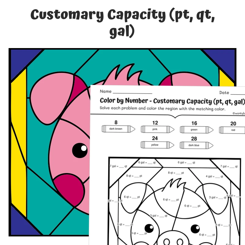 Customary Capacity Color by Number — Animal face - Pig — math worksheet for Grade 4, Grade 5, page 1 of 1