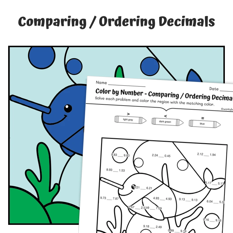 Compare Decimals Color by Number — Artic Animal Narwhal — math worksheet for Grade 4, Grade 5, page 1 of 1