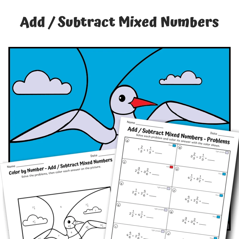 Mixed Numbers Color by Number — Arctic Tern — math worksheet for Grade 4, Grade 5, page 1 of 1