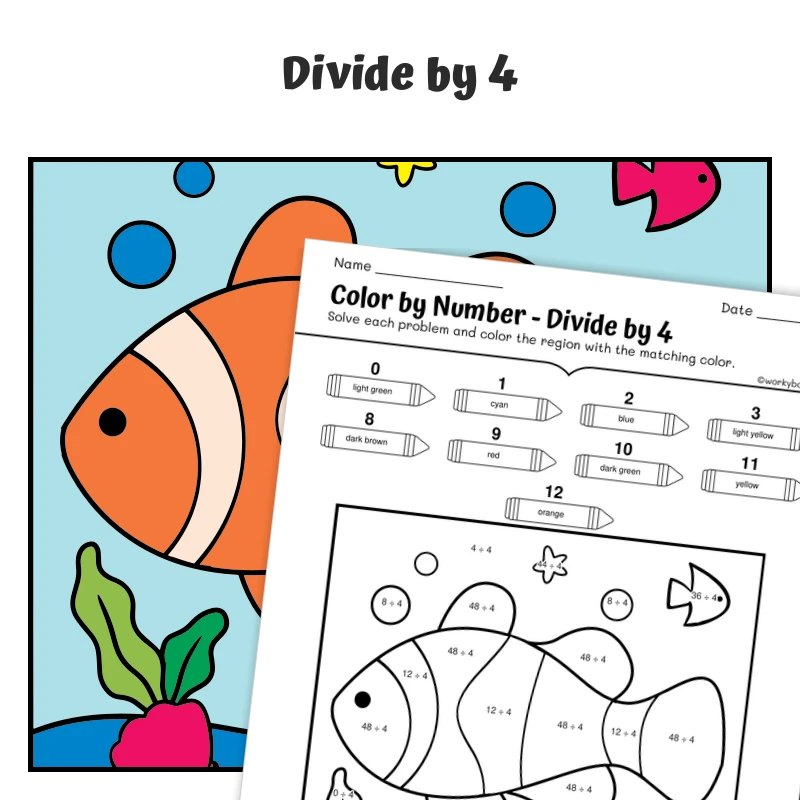 div by 4 Color by Number — fish 18 — math worksheet for Grade 3, page 1 of 1