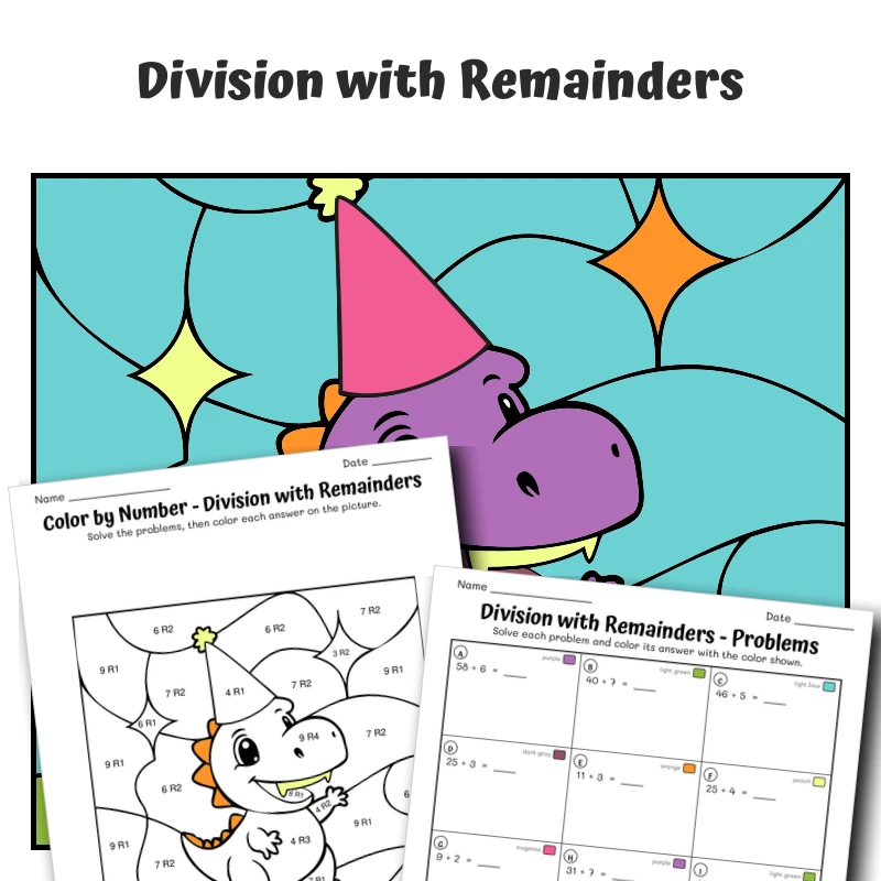 Division with Remainders Color by Number — Dinosaur Wearing a Party Hat — math worksheet for Grade 4, page 1 of 1