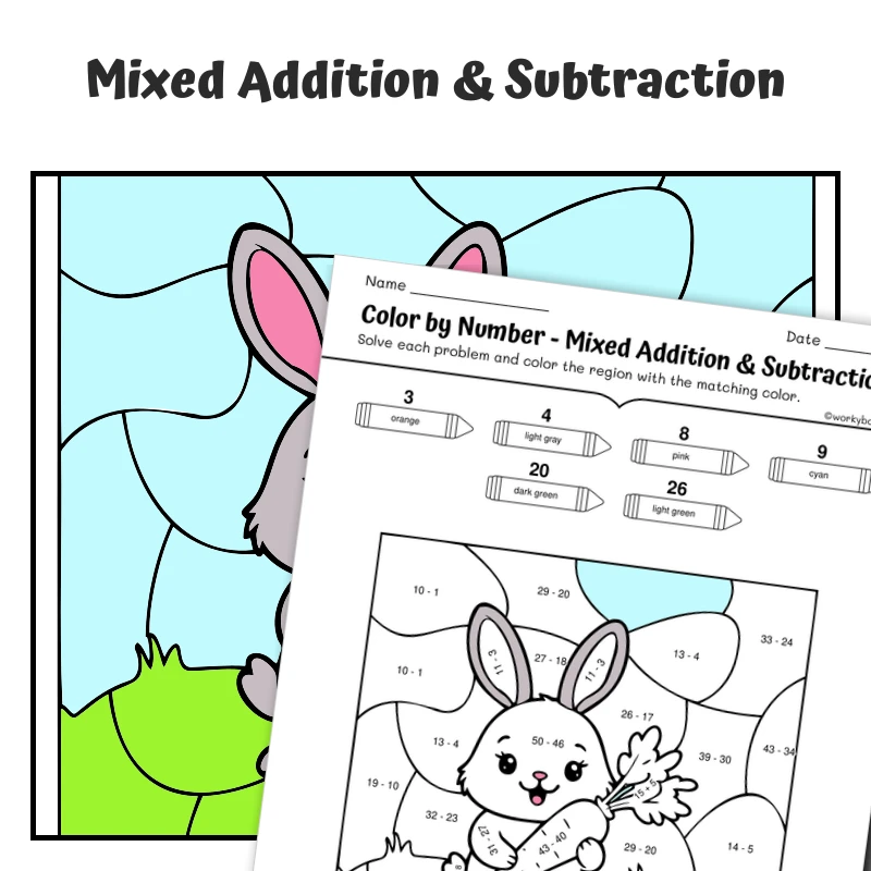 Add & Subtract Mixed Color by Number — Bunny with a carrot — math worksheet for Grade 1, Grade 2, Grade 3, page 1 of 1