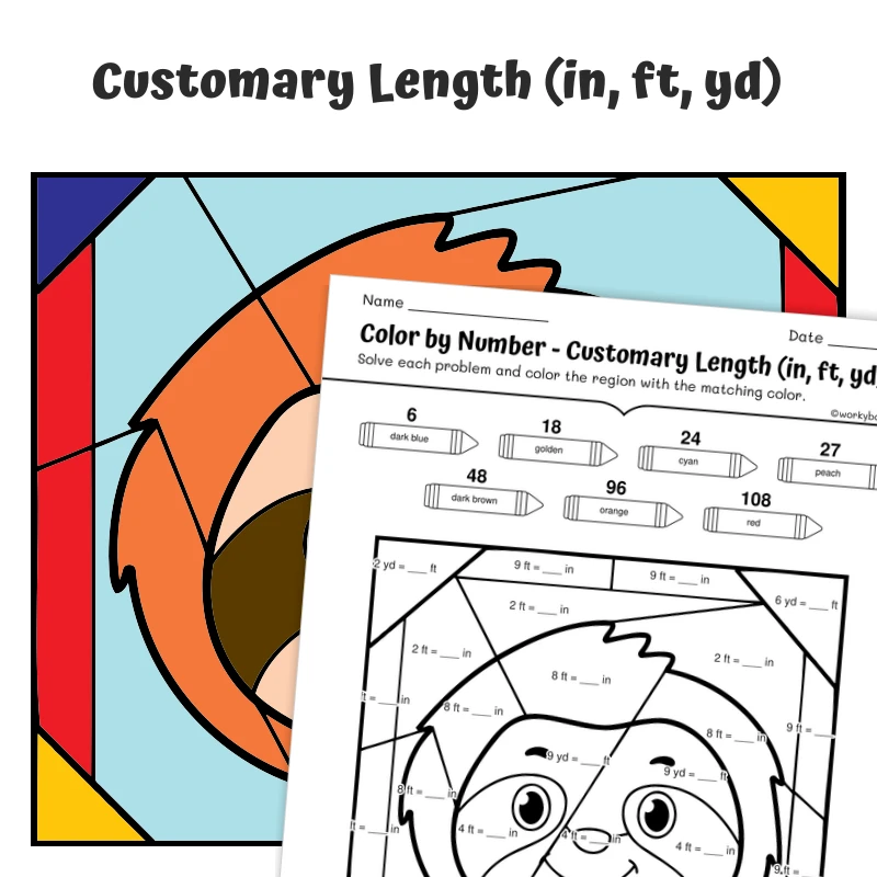 Customary Length Color by Number — Animal face - Sloth — math worksheet for Grade 4, Grade 5, page 1 of 1