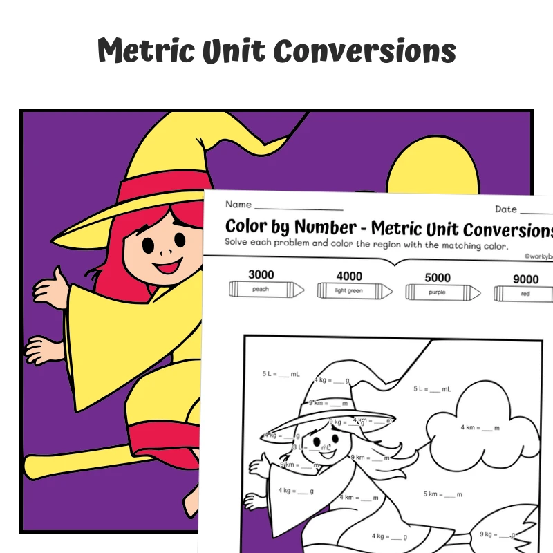 Metric Conversions Color by Number — Witch Riding a Broom — math worksheet for Grade 4, Grade 5, page 1 of 1
