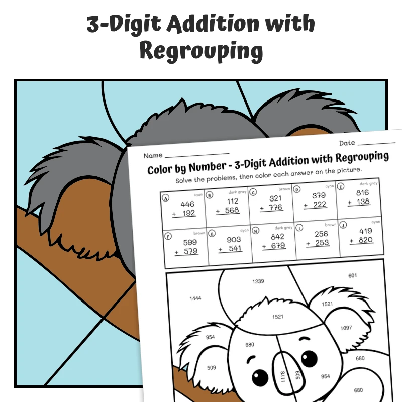 3-Digit Addition (regrouping) Color by Number — Zoo Animal Koala — math worksheet for Grade 2, Grade 3, page 1 of 1