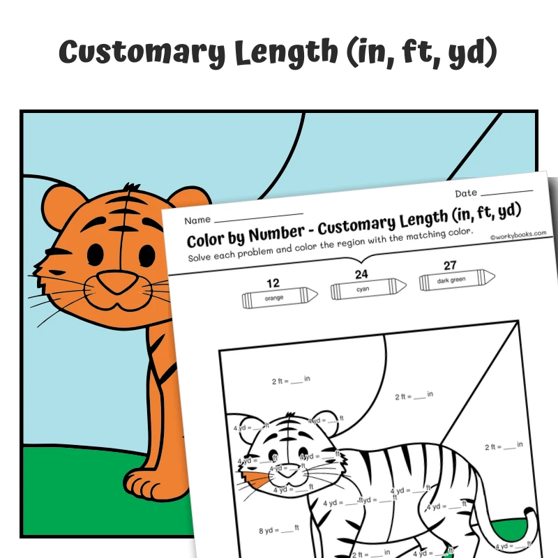 Customary Length Color by Number — Zoo Animal Tiger — math worksheet for Grade 4, Grade 5, page 1 of 1