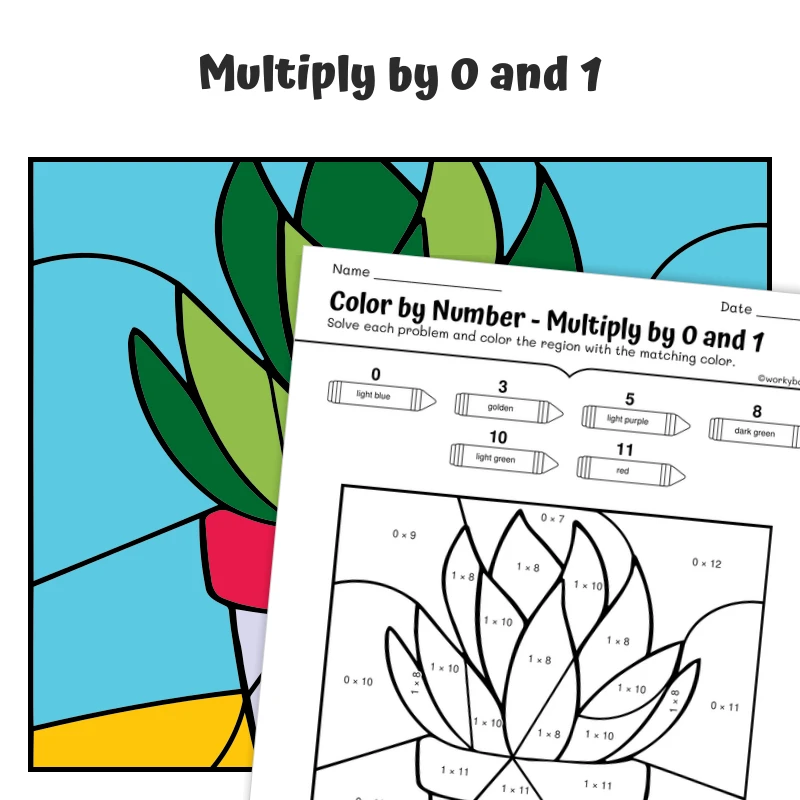 Multiply by 0 & 1 Color by Number — plant 6 — math worksheet for Grade 3, page 1 of 1