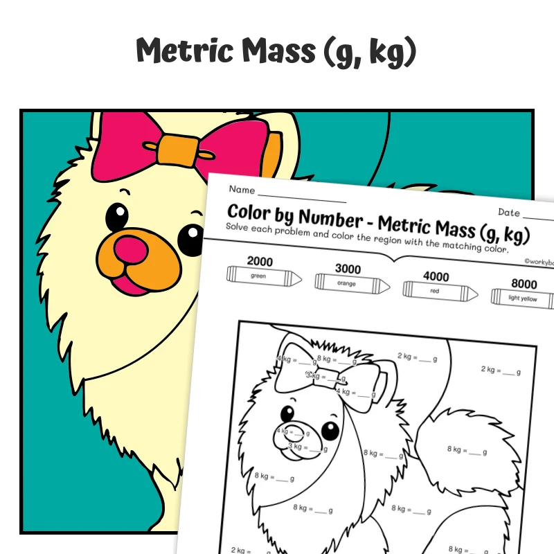 Metric Mass Color by Number — Pomeranian Dog — math worksheet for Grade 4, Grade 5, page 1 of 1