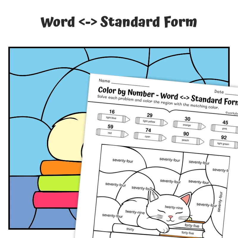 Word Form Color by Number — cat sleeping on books — math worksheet for Grade 2, Grade 3, Grade 4, page 1 of 1