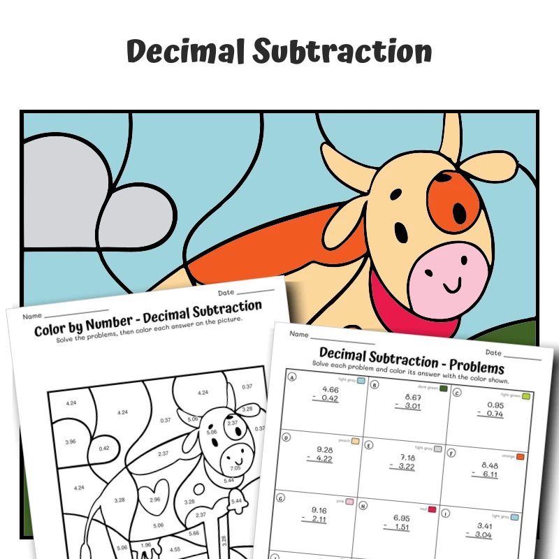 Decimal Subtraction Color by Number — Farm Animal Cow — math worksheet for Grade 5, page 1 of 1
