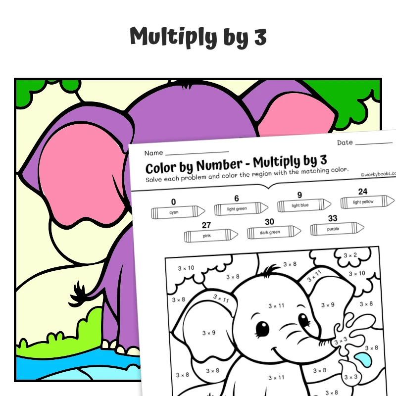 × 3 Color by Number — Elephant Spraying Water Playfully — math worksheet for Grade 3, page 1 of 1