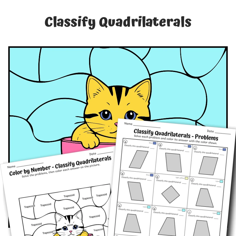 Classify Quadrilaterals Color by Number — Cat in a cup — math worksheet for Grade 3, Grade 4, Grade 5, page 1 of 1