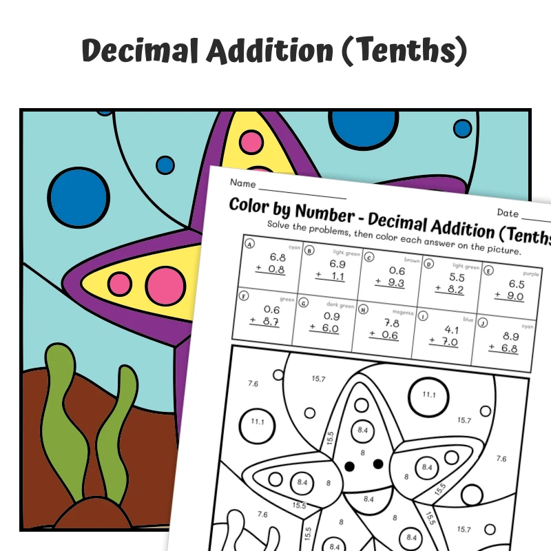 Decimal Addition (tenths) Color by Number — Yellow Starfish — math worksheet for Grade 4, Grade 5, page 1 of 1